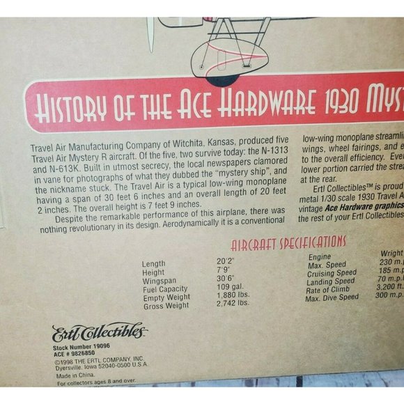 Ace Hardware Vintage ERTL Collectible 4th In Class 1930 Mystery R Airplane - Picture 4 of 12